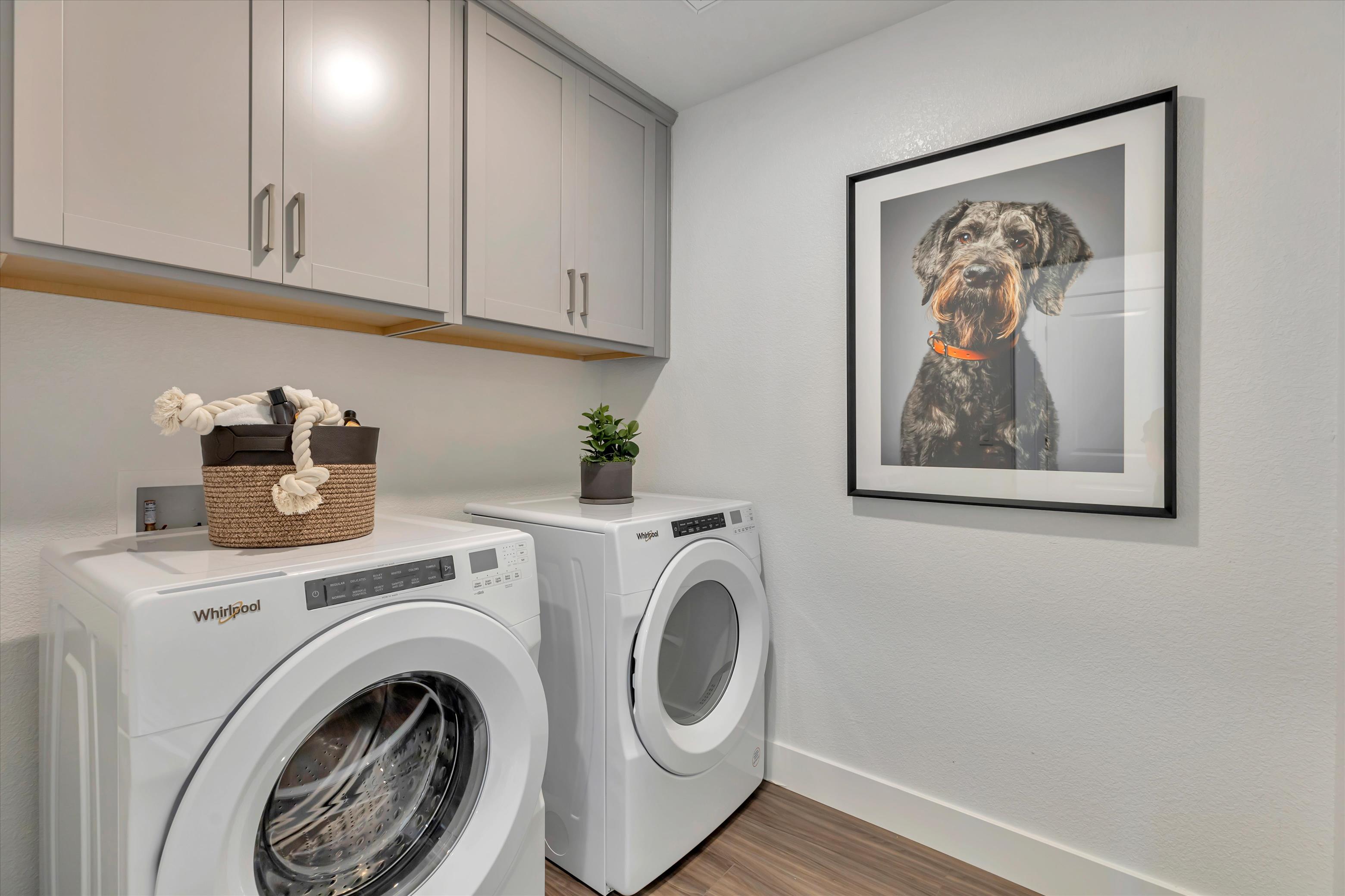 A room with a picture on the wall and a washing machine.