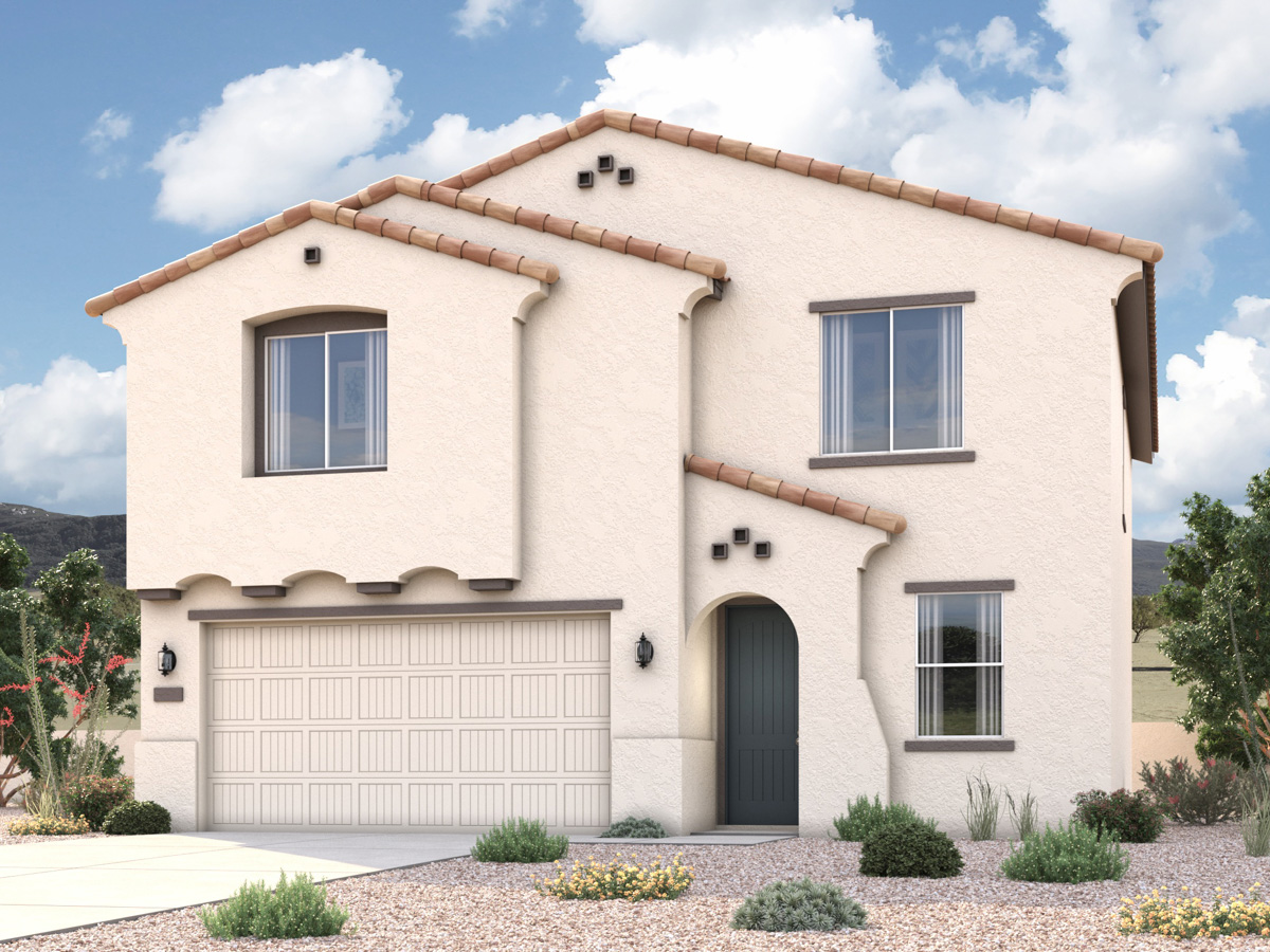 Rendering of front of new home for sale in San Tan, AZ with 2 car garage in the beautiful Skyline Village community with pool.