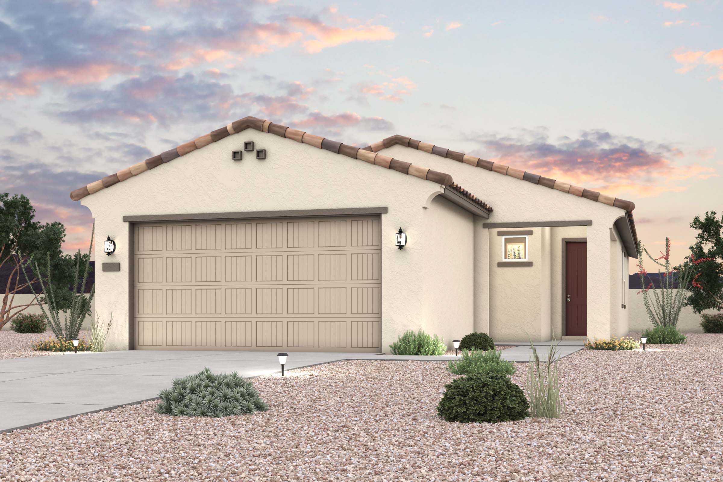 Twilight rendering of front of new home for sale in San Tan Valley, AZ at Skyline Village the Highlands Collection by Century Communities with 2 car garage.
