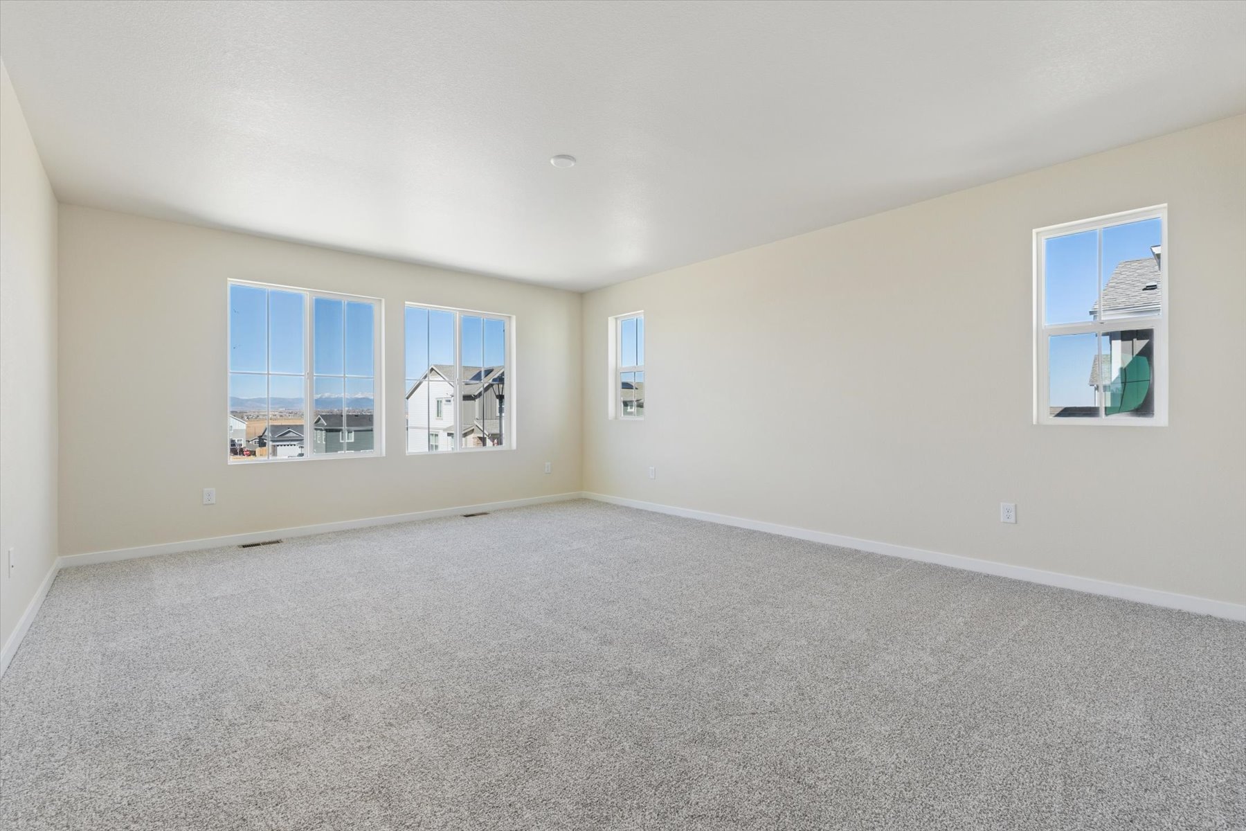A room with a carpet and windows.