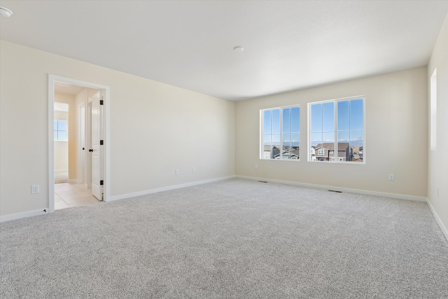A room with a carpet and windows.