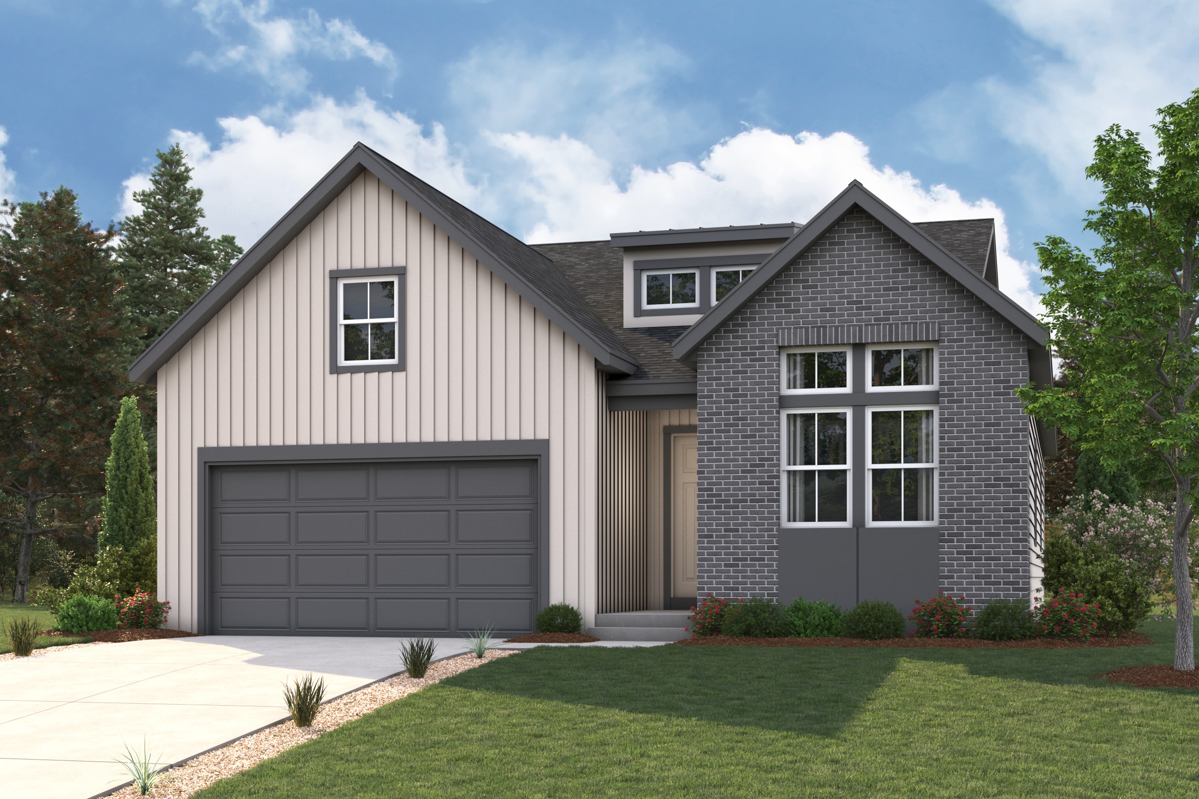 A house with a garage. Acadia Rendering Image Elevation B