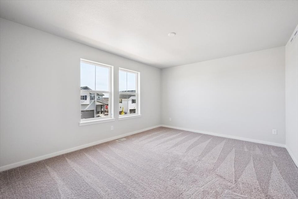 A room with a rug and windows.
