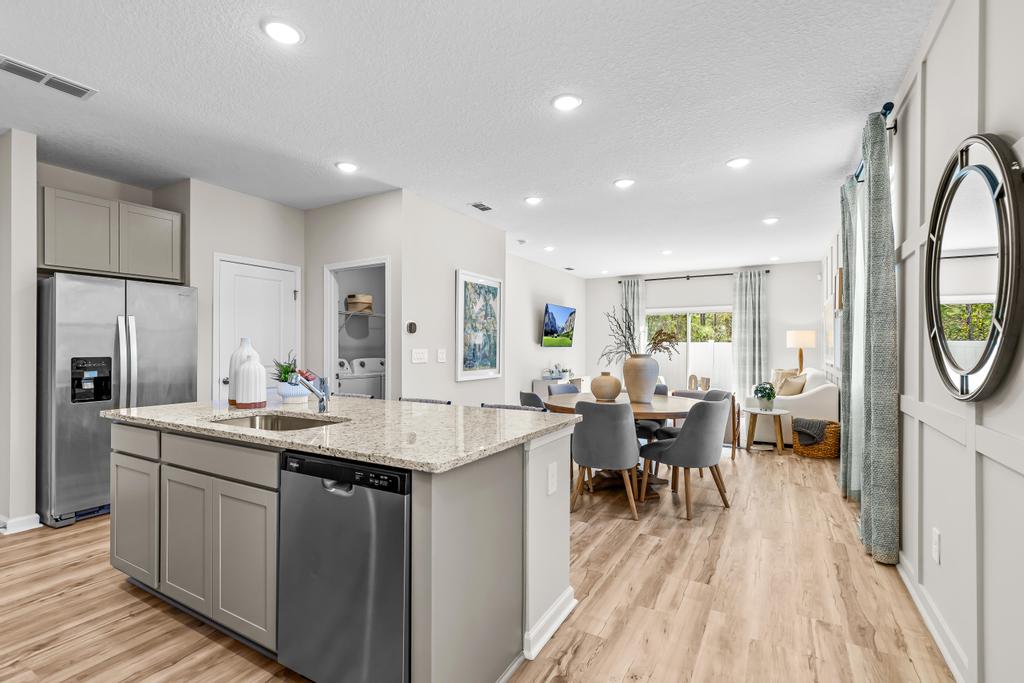 A kitchen with a large island.