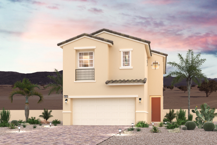 A house with a garage and palm trees.
