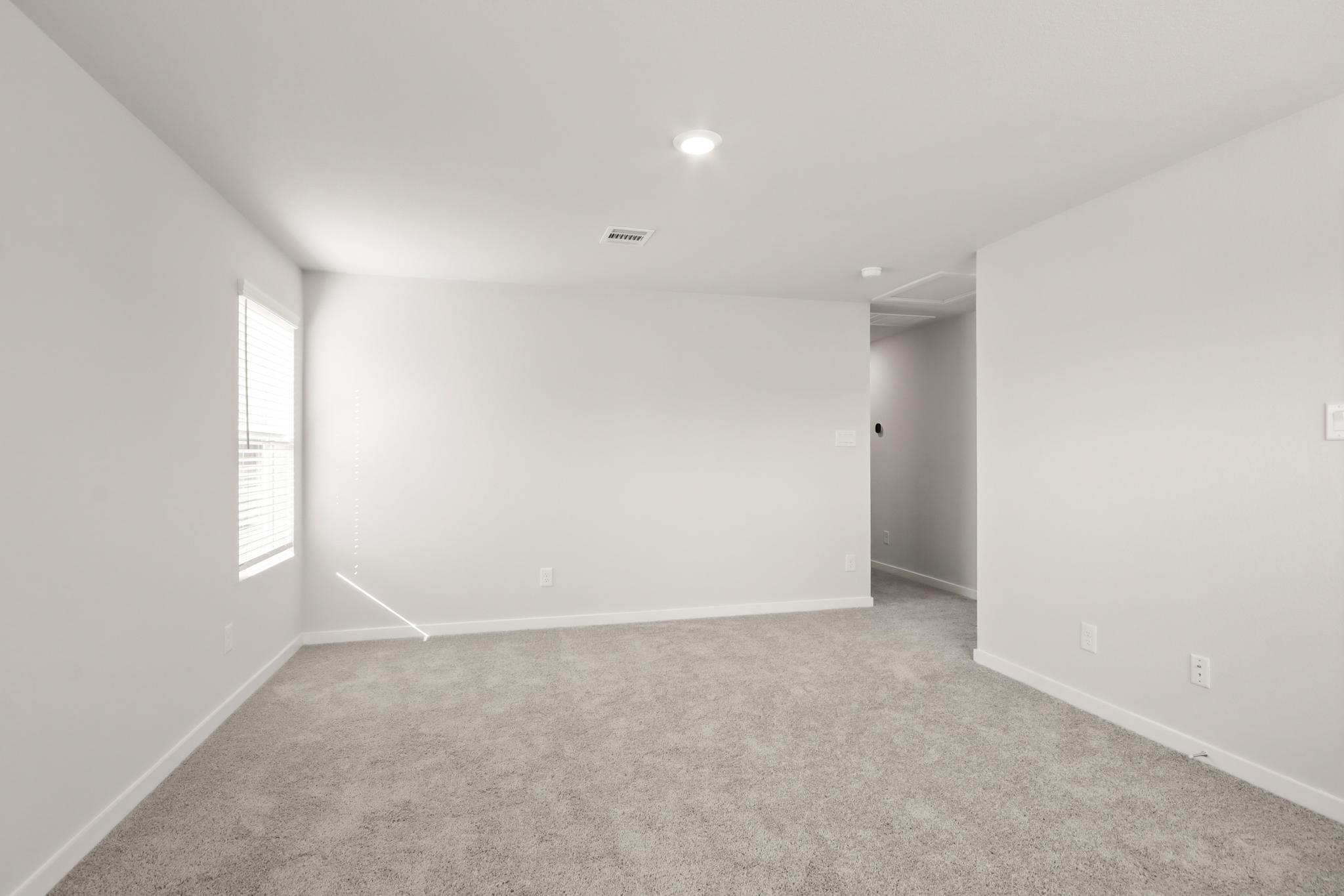 A room with a carpet and a door.