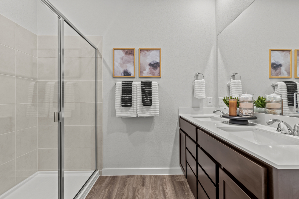 A bathroom with a glass shower.