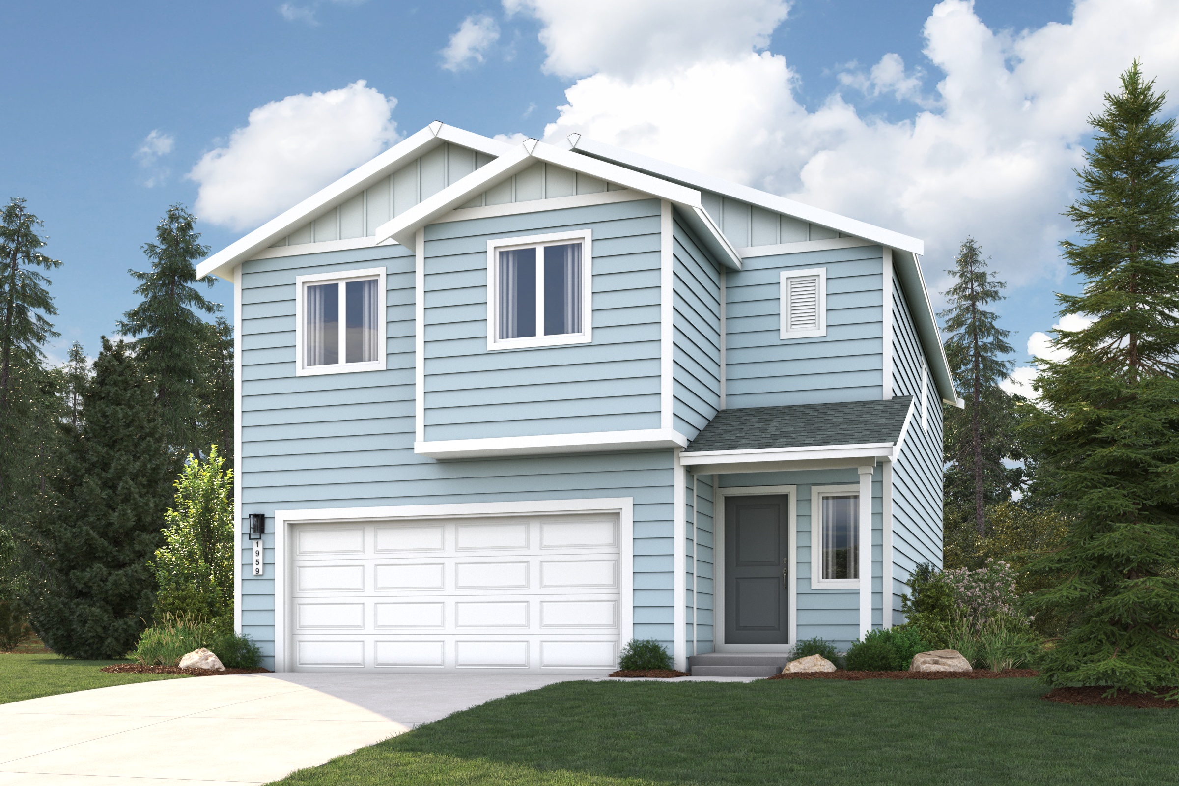 A blue house with a garage.