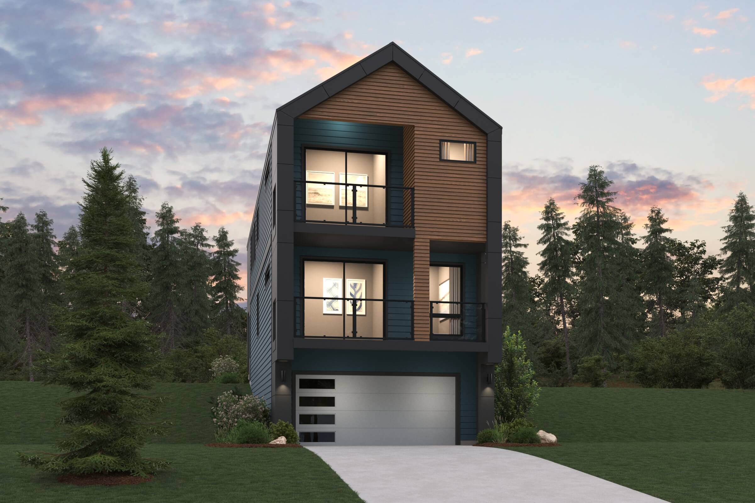 A house with a garage and trees around it.