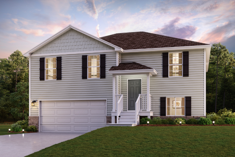 A white house with black shutters.